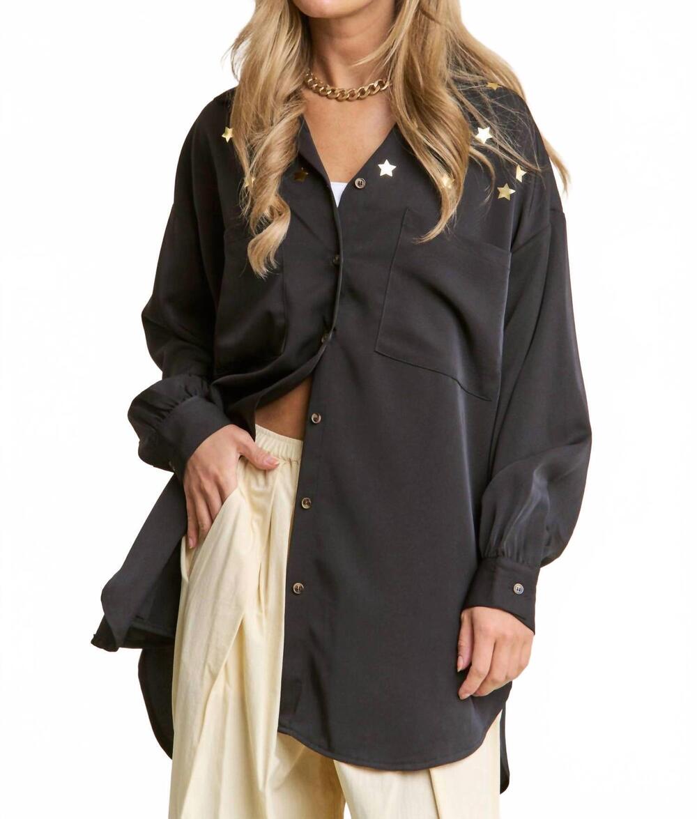 NEW J.NNA stamped star button-up tunic blouse in black